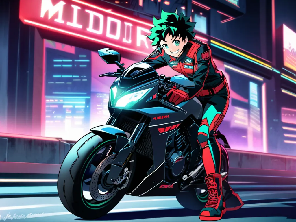 Izuku Midoriya (Izuku Midoriya)Wearable Motorcycle Racing Wear Leggings Belt Racing Gloves Motorcycle Boots Sports Motorcycle Background City Standing on the Roadside Smile Open Face Red Sci-Fi Style Cyberpunk