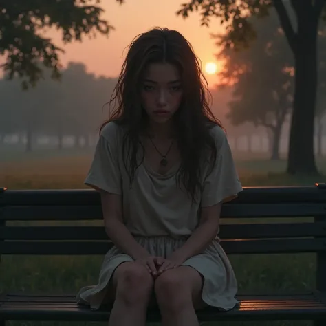 a heartbroken girl sitting alone on a bench in a city park at sunset, (best quality,4k,8k,highres,masterpiece:1.2),ultra-detailed,(realistic,photorealistic,photo-realistic:1.37),beautiful detailed eyes,beautiful detailed lips,extremely detailed eyes and fa...