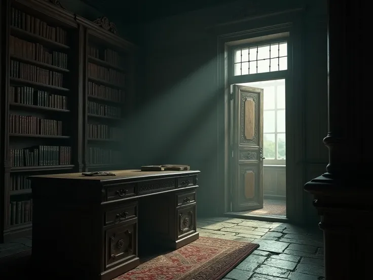 An old library in an atmosphere of melancholy ,  dark only a light reflects on the door the place seems to have been used a short time ago , There is an old carved desk ,  high definition , 4K