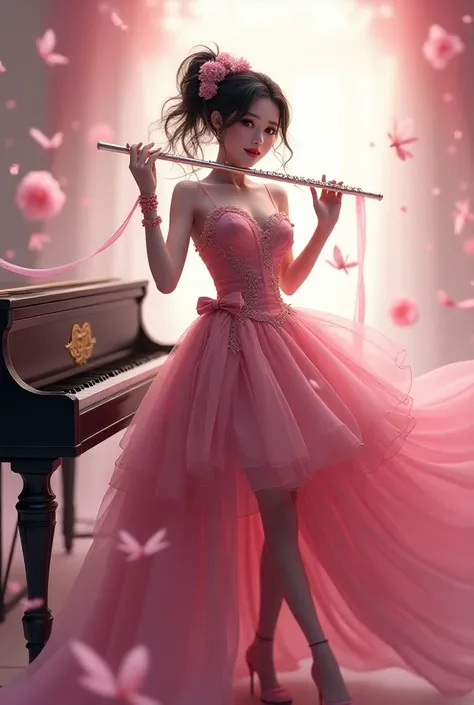 a woman in a pink dress holding a flute, 2. 5 d cgi anime fantasy artwork, sexy girl with dark complexion, 💋 💄 👠 👗, sing for the tear, beautiful crying! android woman, streaming, god is a girl, 🎀  🧚, cute:2, by Fan Qi, playing piano, trending on cgisociety...