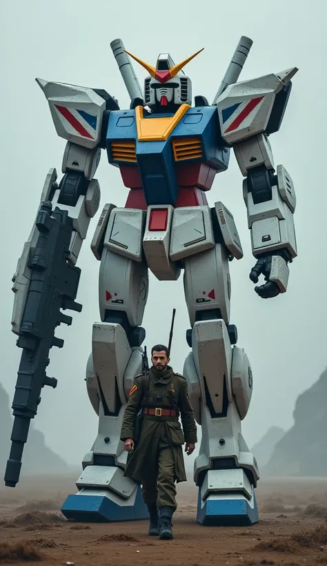 Soldier from the United Kingdom advancing with a giant blue, white, and red robot by their side, following closely behind.