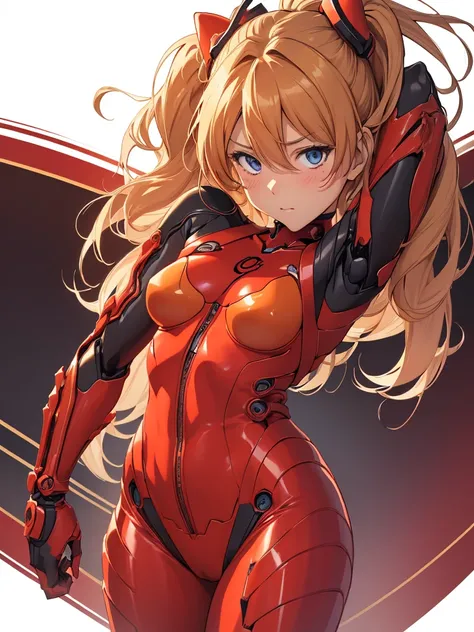 (biomechanical oppai, , Seductive girl,)、Souryu Asuka Langley, (masutepiece, Best Quality, Detailed), 1girl in, alone, Arms behind the head, Cowboy Shot, Interface headset, Red bodysuit, Simple background、Woman in seductive pose、 Blushing ,  Hi-Res, 