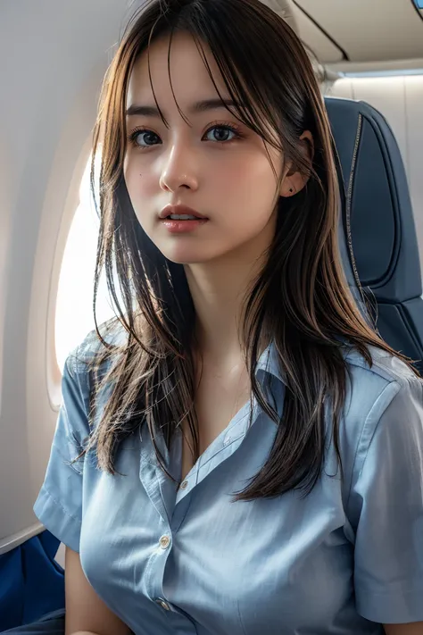 Best Quality, masterpiece, 8k, Ultra High Definition, ( photorealistic: 1.4),  1 girl,  Facial beauty,  symmetrical eyes, big, Perfect figure, Stewardess uniform,  Viewers Perspective , (In-flight: 1.2), Front View, Shoulder jump, Absolute territory (1.3),...