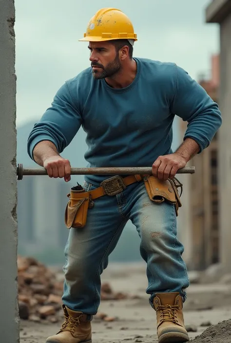 Master of Construction lifting wall ,  average physique, Flat stomach , of about 90 kg , 175cm tall, 42 years old, well-looking, no beard . tanned,  brown hair like his eyes....   wears blue sweatshirt with dirt details and worn blue jeans. He wears a belt...