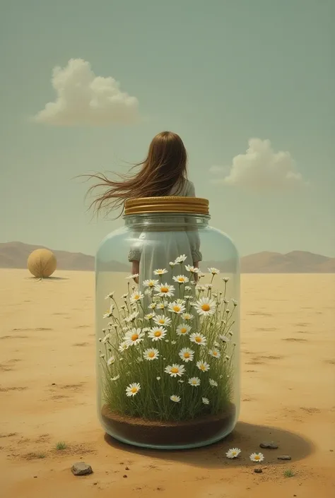 a landscape painting that shows a desert, dry and gloomy one. At its center theres a jar, inside is a field of white daisies. At the center of the field, there shows the back of a girl with a long hair standing.