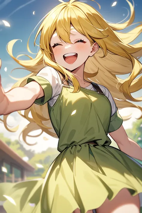 cowboy anime girl, long hair, yellow hair color, look happy, 