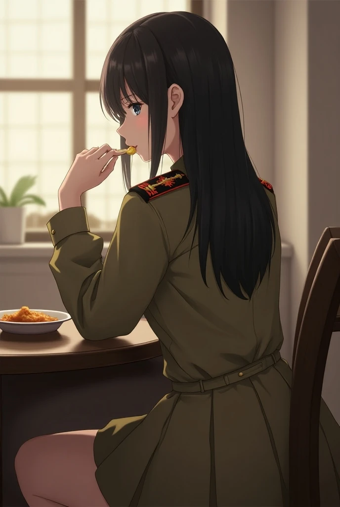 Reality Korean Female long hair with bang wear long sleeved button shirts Khaki colour with belt and skirts khaki brown colour has military insignia on shoulder Unbottoned collar sitting on table and eating and chewing view from behind 