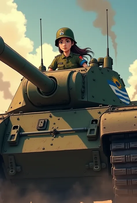 Animate a woman wearing a military helmet and armband from Uruguay in a war tank