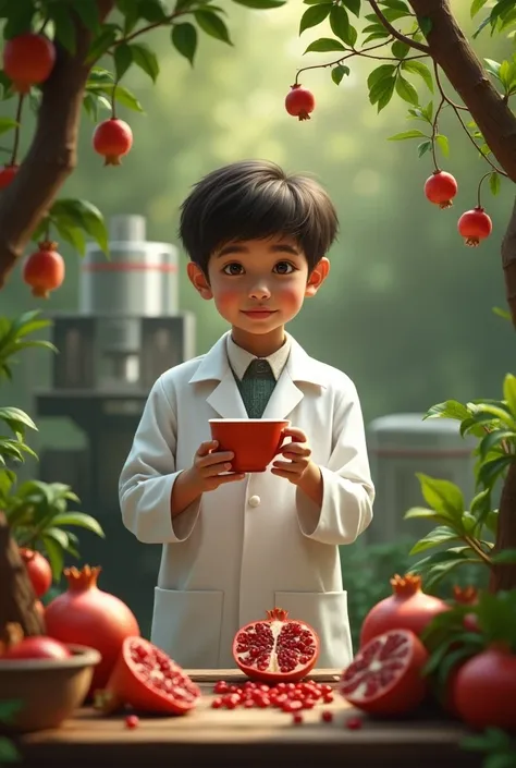 The scientist is holding a Pomegranate leaf herbal tea cup and wearing a white lab coat. surrounding the boy are pomegranate leaves, a tree, fruits, and Sri Lankan Black tea. It looks like a food laboratory. and behind we can see a tea processing unit. 