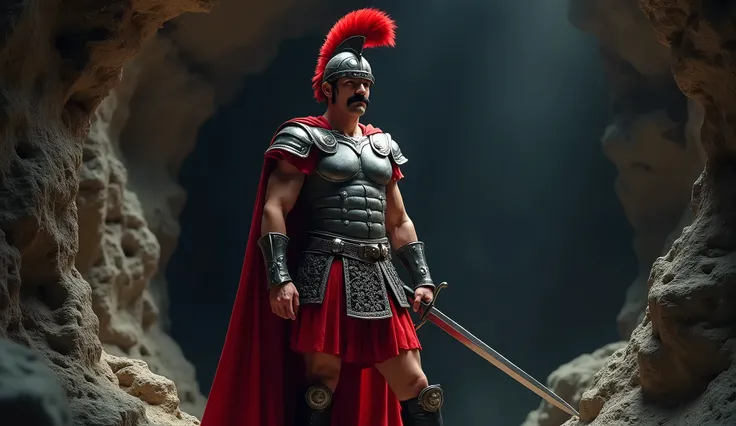  a brave warrior character 、 wears red Roman-style armor 。 wears a helmet with red feathers on his head {x}、 and a black mustache 。It features a silver shoulder brace on its shoulders 、 with metal decorations on his chest and waist 、 is secured with a secu...