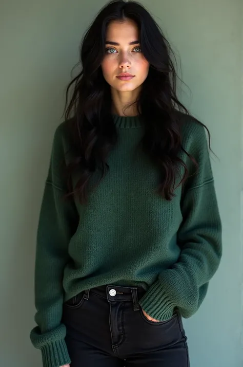 Girl about 19 years old,  Centrally parted ,  with wavy black hair up to the waist, with blue eyes,  art,  in a green sweater , dark shirt ,  black wide jeans and sneakers 