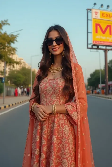 Pakistani beautiful realistic model full body cover salwar Kamez dress long brown hair sunglasses stylish attitude big smile dimpal age 18 years old fair skin long dupatta on the head beautiful makeup 
 They are standing on the road and there is a huge sig...