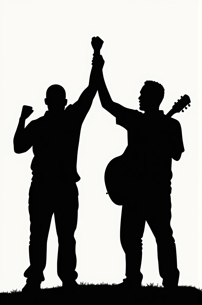 A silhouette,  black outline of african protesant with one leader holding a fist up and another hand on the guitar