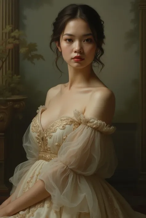 A realistic painting drawn using free media with the inspiration of old art, a beautiful woman, dressed in a dress with her breasts half covered.