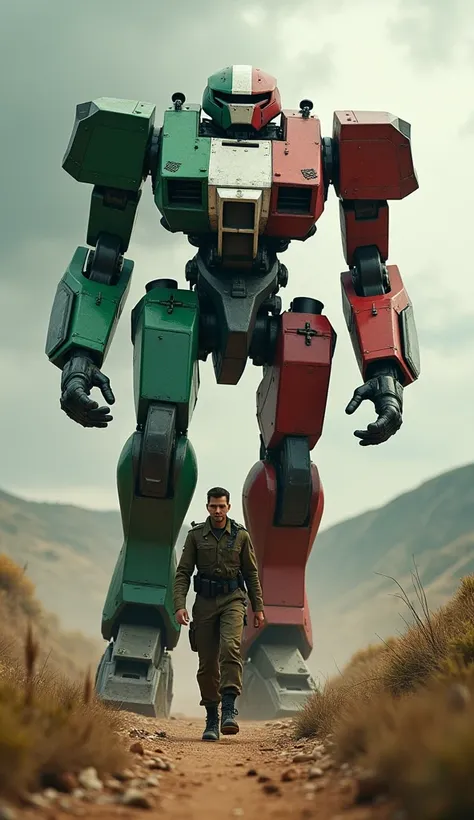 Soldier from Italy moving forward with a giant green, white, and red robot beside them, always keeping close.