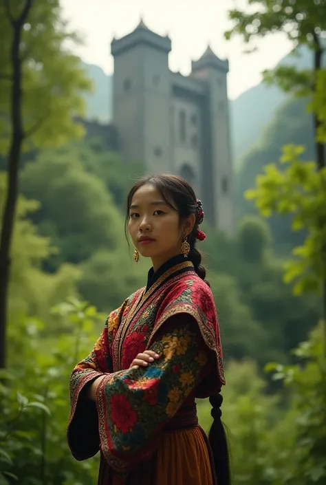 Low angle shot, 18-year-old Chinese widow wearing Hmong tribal costume, with beautiful forest in the background, and a stone castle in the distance.