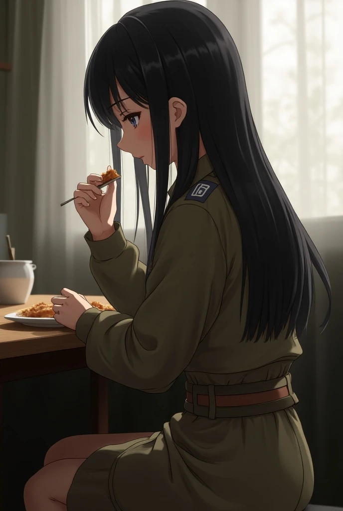 Reality Virtual images Korean Female long hair with bang wear long sleeved button shirts Khaki colour with belt and skirts khaki brown colour has military insignia on shoulder Unbottoned collar sitting on table and eating and chewing view from behind 