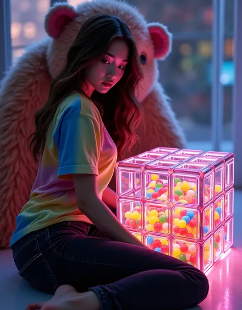 Beautiful Thai woman, plump body, next to a big hairy monster, wearing a colorful T-shirt, black jeans, long brown hair, the woman sits gracefully next to a giant glass Rubiks Cube filled with jelly beans, the womans gaze is in front of the transparent box...