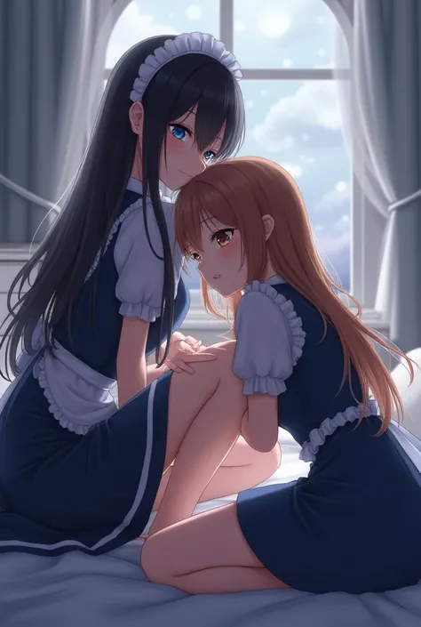 Two girls, in a romantic pose under the moonlight in a bedroom wearing nightgowns, one of them has black hair and blue eyes, crouching resting her head on the other girls thigh wearing blue maid outfit, and the other has brown hair and hazel eyes. Digital ...