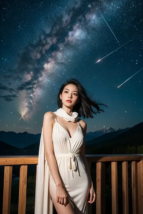 Capture a stunning night portrait of a woman at a cozy mountain lodge under a breathtaking starry sky with a bright comet and meteor shower. The model, dressed in a flowing, earth-toned or white maxi dress, stands on the lodges wooden deck with a gentle mo...