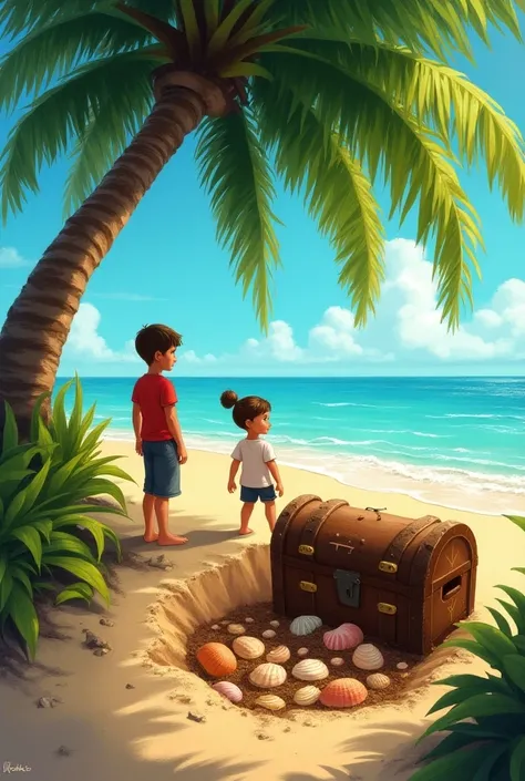 Finally, they reached the spot marked with the red X, which was beneath a large coconut tree. They dug eagerly and, to their amazement, uncovered a rusty old chest. Inside, they found not gold, but beautiful seashells, colorful stones, and a note. The note...