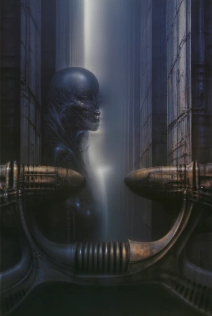 H. R. Gigers g1g3r, , The image  is a classic piece of biomechanical art by H.R. Giger. , , (Triadic:1.1), (Proportion:1.1),  , (Reflected light:1.2), Parchment, ultra detailed, intricate,, dry b (best quality:1.4), H.R. GIGER,  BY GIGER