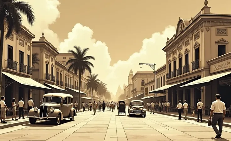  illustration merging sights of Orlando - Florida with the Municipal Market of São Paulo - Brazil, In the 1940s ,  sepia-toned image ,  Realistic Illustration , vehicles, landscapes, full scene