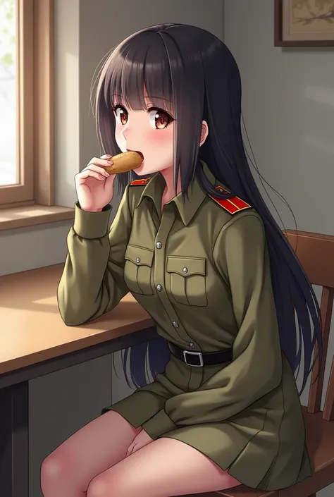  Korean Female long hair with bang wear long sleeved button shirts Khaki colour with belt and skirts khaki brown colour has military insignia on shoulder Unbottoned collar sitting on table and eating and chewing food 