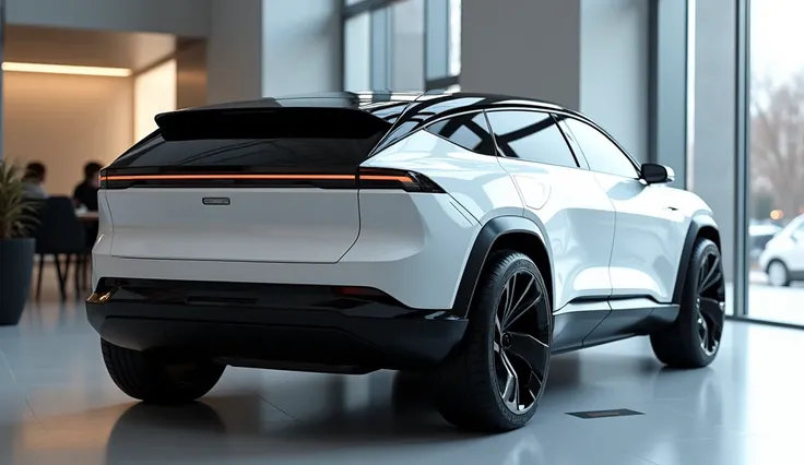 "A modern, futuristic electric SUV car with a sleek, minimalist design in white and black. The vehicle has a long, low-profile body with large, stylish black wheels and a unique rear light bar that extends horizontally across the back. The roof is glossy b...