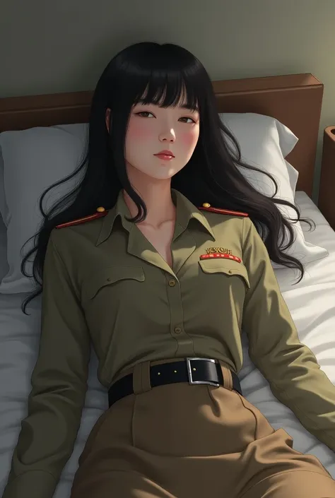  Korean Female long hair with bang wear long sleeved button shirts Khaki colour with belt and skirts khaki brown colour has military insignia on shoulder Unbottoned collar sleeping on bed