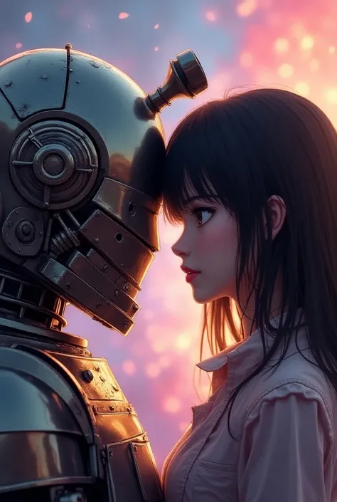 Romantic couple close up photo of  dalek and Anime girl looking at camera with colourful background, best quality 