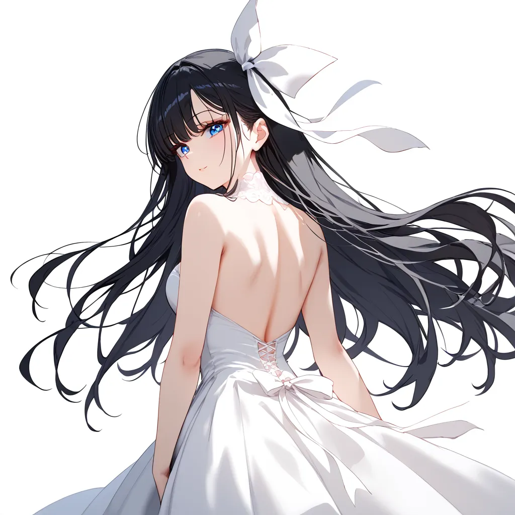 1 female,  black hair , blue eyes,  delicate face, beautiful,  white dress , standing,,  white dress , white background, bewitch...