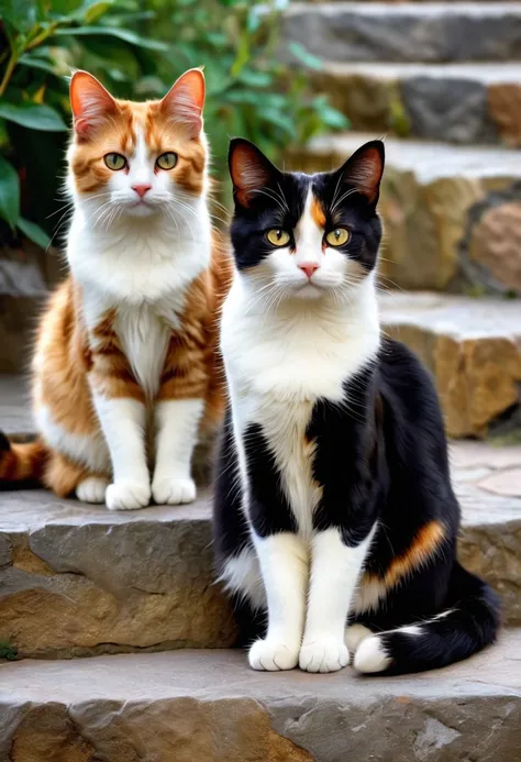 Cats on the stone steps ,(calico cat), realistic, high quality, masterpiece, HD,3 cat