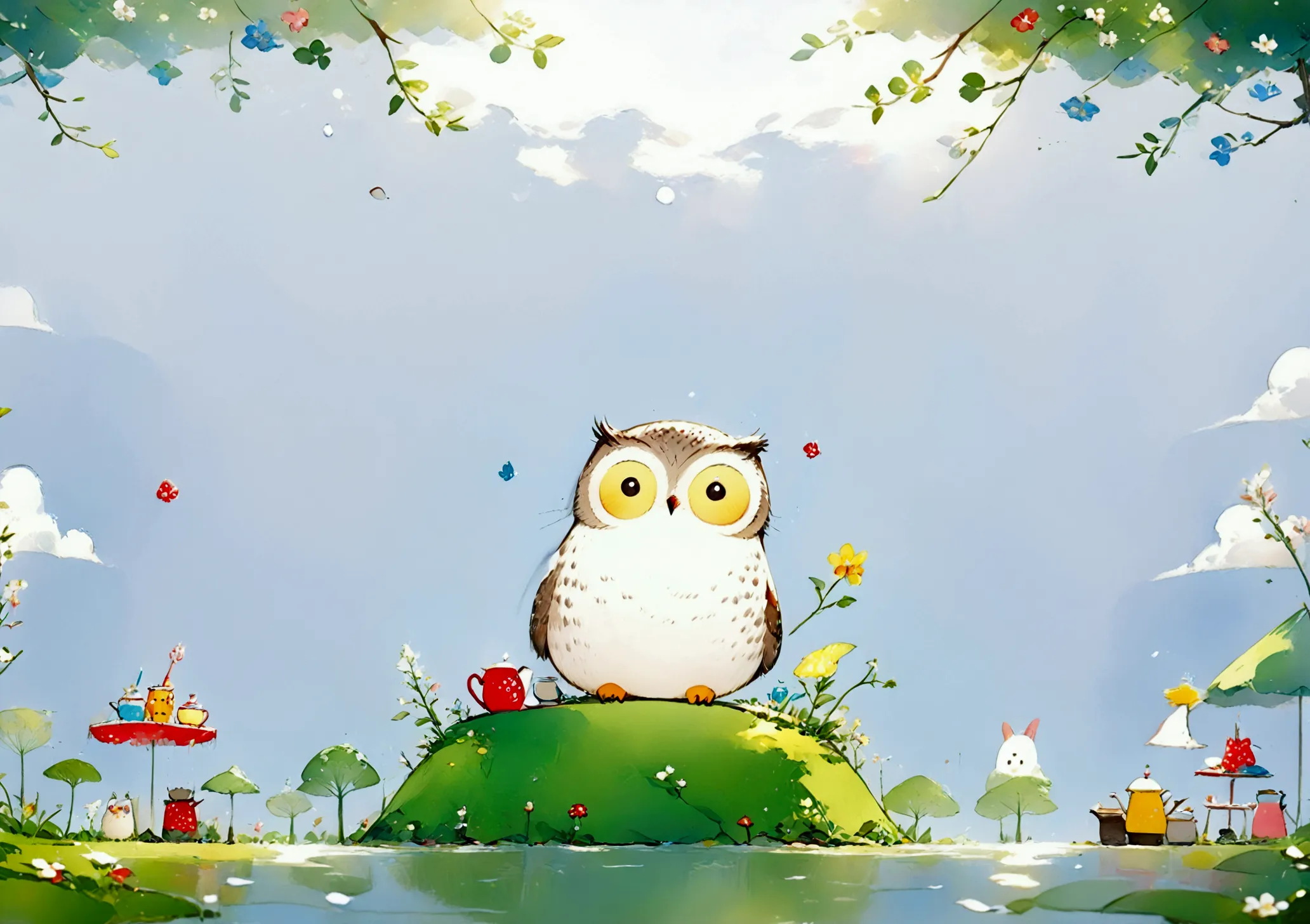 high quality colored pencils and watercolors  。   fantasy picture like a picture book   。 personification of the owl。 a boy from...