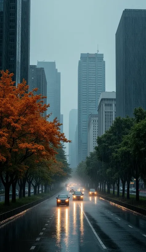 The image is a landscape photograph of a city street in Jakarta city during heavy rain.. The street is lined with tall buildings on both sides, and the trees on the left and right sides of the street are covered in orange leaves. The sky is dark and cloudy...