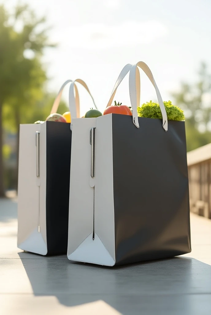 a kind of futuristic black and white grocery bags, with a vertical temperature control, without groceries, outside on a hot day