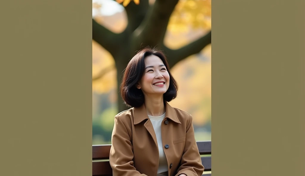 A beautiful short Korean woman in her 50s 、short medium length hair、 top quality 、 ultra-detailed 、High quality detailing 、8ｋ、Deep autumn park 、A beautiful Korean woman in her 50s .  Im wearing a luxury luxury beige round dress and a luxury short cardigan....