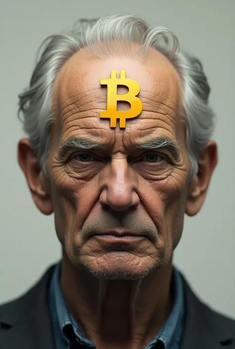 Create a mature face with bitcoin on the back