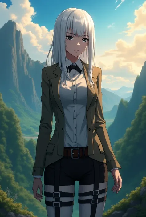 Attack on titan  screencap of a female with white hair and black eyes, beautiful scenery behind her, she is wearing a suit, mappa, season 5, wit studio screencap