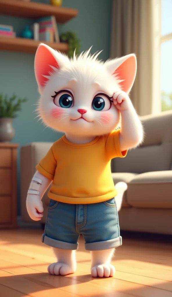 "Design a playful and detailed digital artwork featuring a cartoonish white kitten standing upright on its hind legs in a living room. The kitten should be wearing yellow t-shirt and blue denim shorts and appear slightly disoriented with swirly eyes and a ...