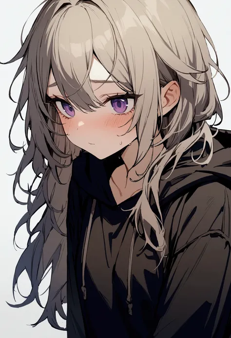 one girl, pretty face, periwinkle eyes, ash blonde, little messy hair, chest-length hair, loose fit black hoodie, needy, needy, anxiety, slim figure, close up, masterpiece, best quality