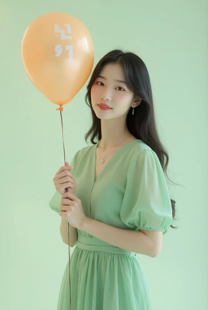  Beautiful korean girl wearing sage green dress,  holding balloon with inscription 21 21. Ash background 