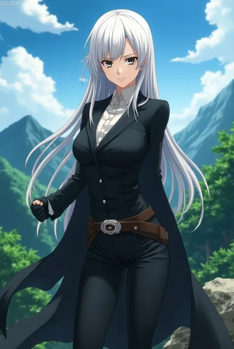 Attack on titan  screencap of a female with white hair and black eyes, beautiful scenery behind her, she is wearing a suit, mappa, season 5, wit studio screencap