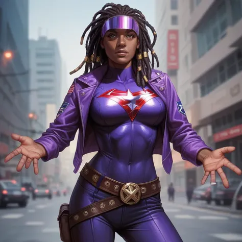  masterpiece ,  best quality ,  ultra high resolution ,  realistic skin texture, comics style, 4k image, beautiful,  an African-American girl , dreadlocks, belt, Alone, long hair, purple eyes,  superhero visor  , breasts,  looking at the viewer , purple ha...