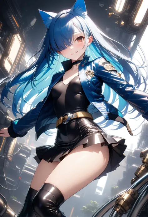 (Cyberpunk Style), (Straight hair, very long hair, straight hair, (hair over right eye), blue hair and cat ears, Black choker with golden bells), ((skindentation)), skinny, solo, 1 woman, Masterpiece, highest quality, highest quality, 16K, incredibly absur...