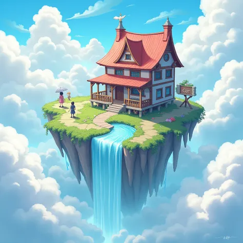  house in the clouds ,  anime fantasy theme,  accent colors ,  animated and human beauty , wooden house, With waterfall 