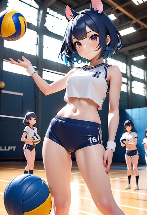 popart-style,(masterpiece, best quality),3d cg,chibi-character,rat-ear girls are playing volleyball.(rat-ear),tween,so fun,(wearing Japanese white school sportswear(Crop top outfit) and navyblue buruma(low leg buruma).) ,at volleyball gymnasium,(girl,16yo,...