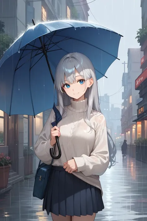 1girl, silver hair, blue eyes, long hair, straight hair, smile, rain, hold an umbrella, city, with her back to the viewer, slightly turning her head to look over her shoulder, sweater, skirt, 