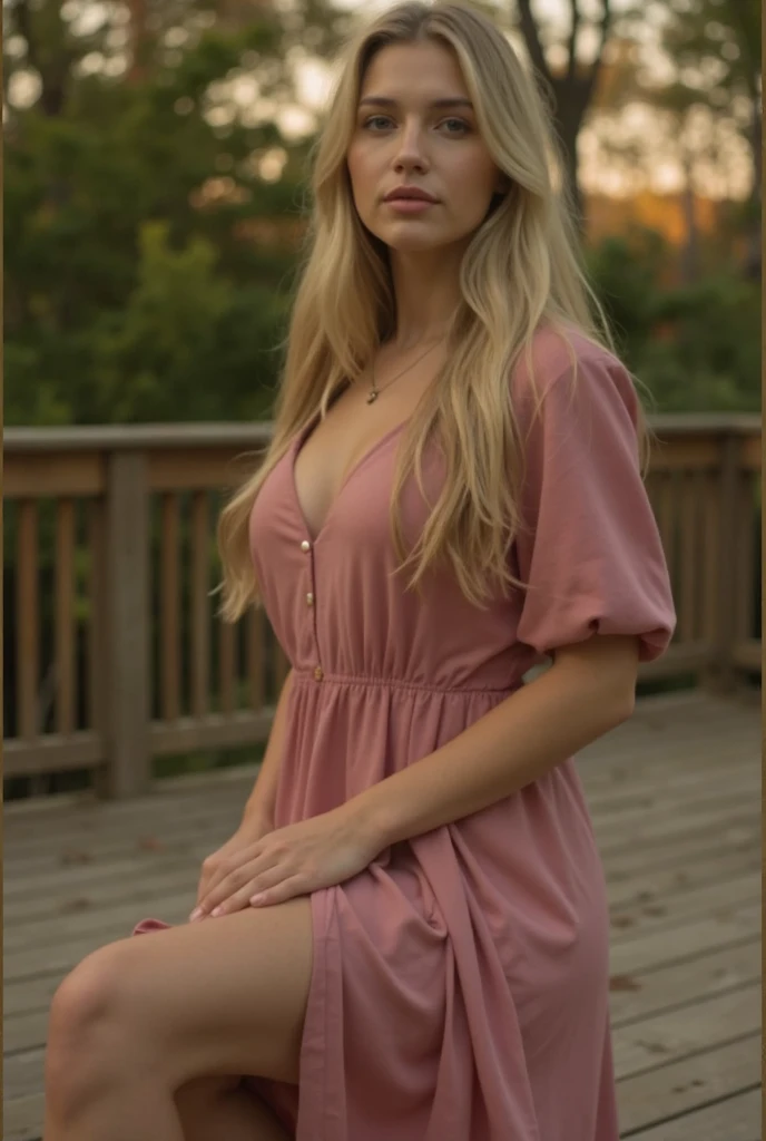 Beautiful natural blonde Emma 27 years old long blonde hair almond shape hazel green eyes cleft on chin, dimpled chin, wearing a fall dress standing  on a wooden deck with trees in the background, 