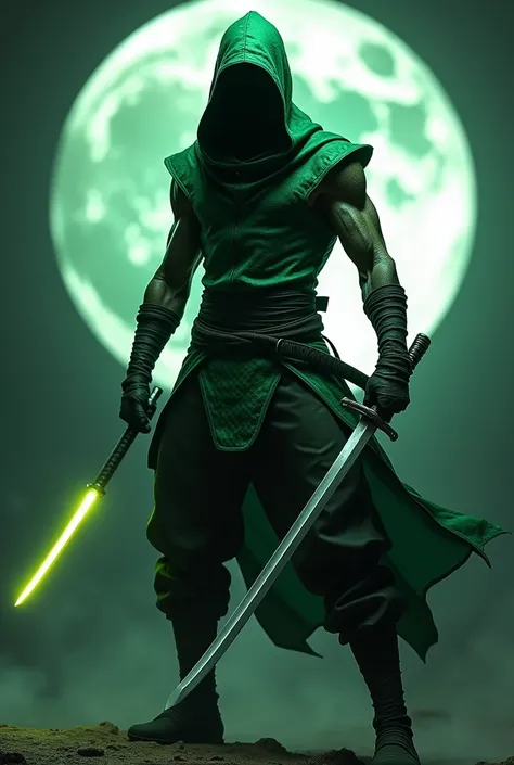 Full body photorealistic shots of handsome hunky slender Ninja Jupiter, wearing a Green hooded scale textured tight fit Ninja suit, with gloves and belt and boots, in action, holding a shining katana.full moon as background 